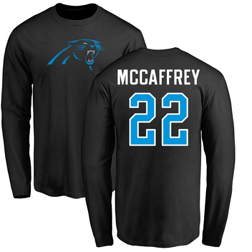 Carolina Panthers Men Black Christian McCaffrey Name and Number Logo NFL Football #22 Long Sleeve T Shirt->nfl t-shirts->Sports Accessory